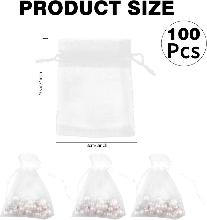 BOEIAC White Organza Bags - 100 Pcs, Sheer 3 x 4 Inch, Jewelry & Party Favor Bags with Drawstring, Mesh Gift Pouches for Wedding & Birthday - Image 2